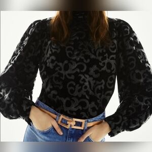 Elegant Black Velvet High Neck Top with Faux Leather Detailing